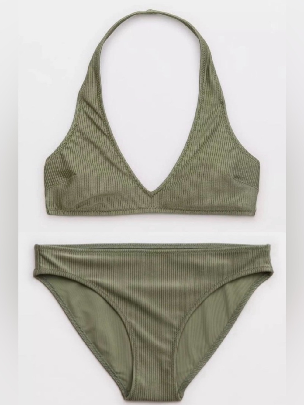 NWT Aerie FULL SET Shine Rib Halter Top + Full Coverage Bottom in Olive - Sz L